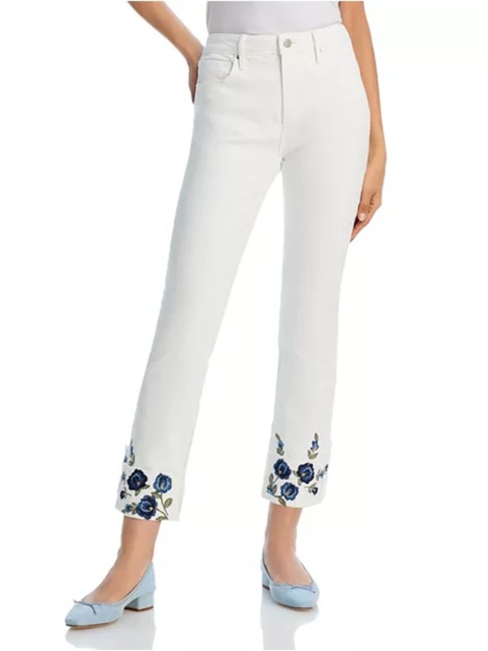 Driftwood Colette Embroidered Blue Bouquet High Rise Cropped Jeans Cream/White